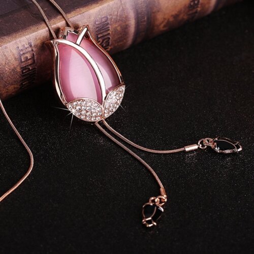 Women's Long Tulip Sweater Chain, Korean Version Cat's Eye Stone Long Necklace for Women, Fashion Women's Necklace