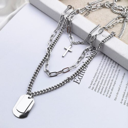 Fashion Unisex Multilayer Long Chain Cross Pendant Metal Necklace For men and women Hip Hop Gothic Jewelry Gift