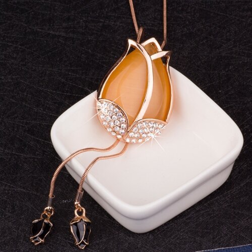 Women's Long Tulip Sweater Chain, Korean Version Cat's Eye Stone Long Necklace for Women, Fashion Women's Necklace