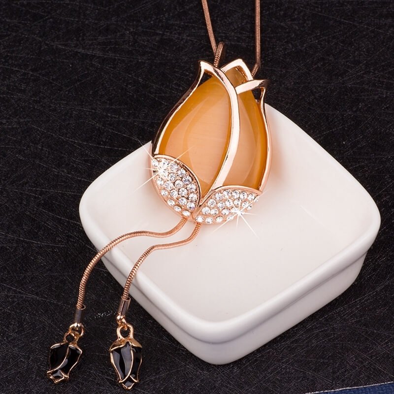 Women's Long Tulip Sweater Chain, Korean Version Cat's Eye Stone Long Necklace for Women, Fashion Women's Necklace