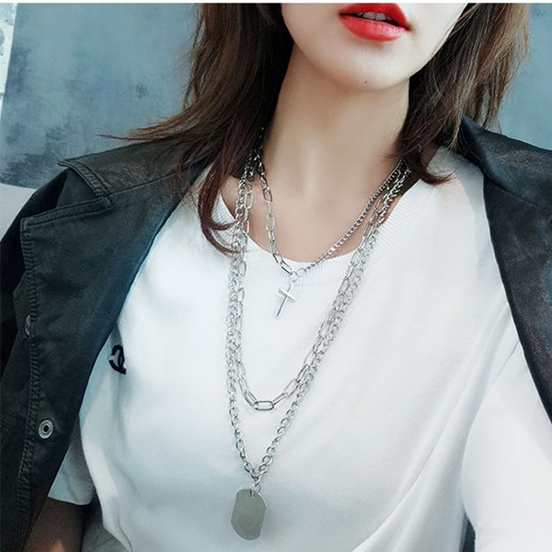 Fashion Unisex Multilayer Long Chain Cross Pendant Metal Necklace For men and women Hip Hop Gothic Jewelry Gift