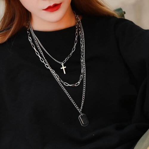 Fashion Unisex Multilayer Long Chain Cross Pendant Metal Necklace For men and women Hip Hop Gothic Jewelry Gift