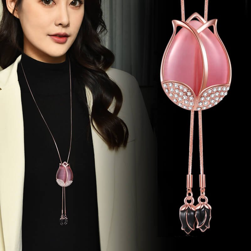 Women's Long Tulip Sweater Chain, Korean Version Cat's Eye Stone Long Necklace for Women, Fashion Women's Necklace