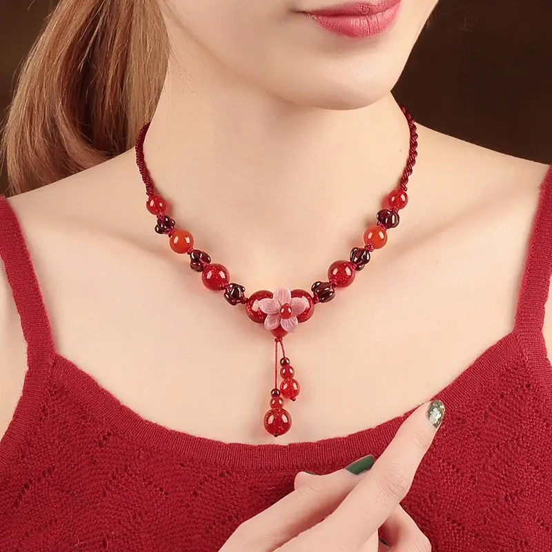 Luxury Jewelry, Antique Ethnic Style Pendant Necklace, Retro Collarbone Chain for Women, Fashion Women's Necklace,National Handmade Red Rope Necklace