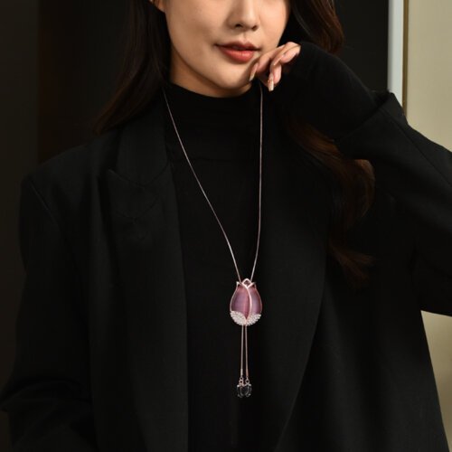 Women's Long Tulip Sweater Chain, Korean Version Cat's Eye Stone Long Necklace for Women, Fashion Women's Necklace