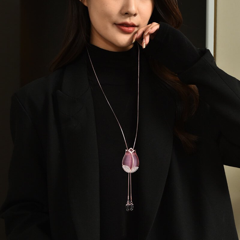 Women's Long Tulip Sweater Chain, Korean Version Cat's Eye Stone Long Necklace for Women, Fashion Women's Necklace