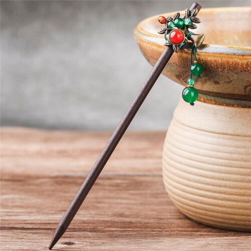 Ethnic Handmade Wood Bronze Plated Tree Hair Sticks with Red Green Agat Hair Sticks for Women Hair Accessories FZ-18028