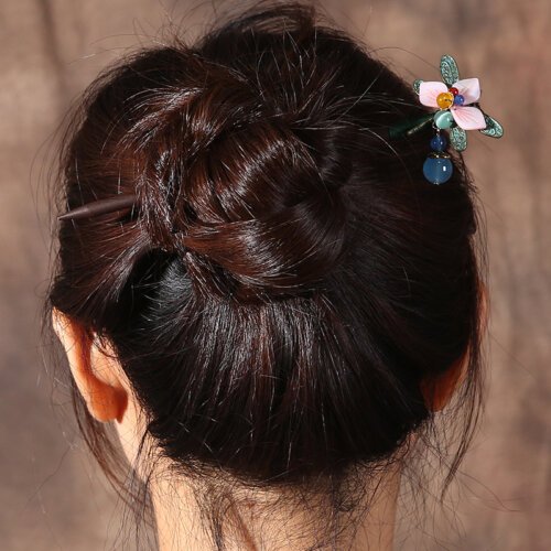 Ethnic Handmade Pink Petals Flower  Dragonfly Wooden Hair Sticks with Stone Dangle Hairpin for Women Headpiece FZ-18034
