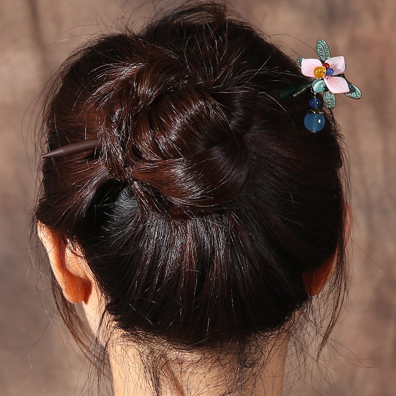 Ethnic Handmade Pink Petals Flower  Dragonfly Wooden Hair Sticks with Stone Dangle Hairpin for Women Headpiece FZ-18034