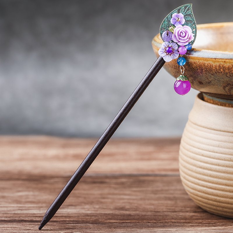 Ethnic Handmade Flower Hollow Leaf Wooden Hair Sticks Wih Dangle Beads Shell Flower Hairpin Headpiece Jewelry FZ-18037-2