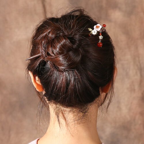 Ethnic Shell Flower Hair Sticks Copper Flower Pieces With Red Stone Wooden Hairpins For Women Head Decoration FZ-18056-2