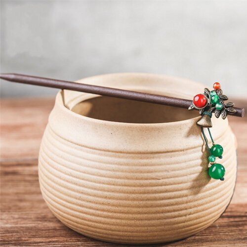 Ethnic Handmade Wood Bronze Plated Tree Hair Sticks with Red Green Agat Hair Sticks for Women Hair Accessories FZ-18028