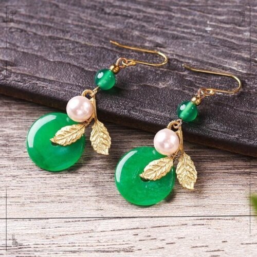 Gold Alloy Leaves Green Round Dangle Earring Woman Jewelry,Luxury Jewelry, Trendy Women's Earrings, Long Vintage Ethnic Style Earrings for Women