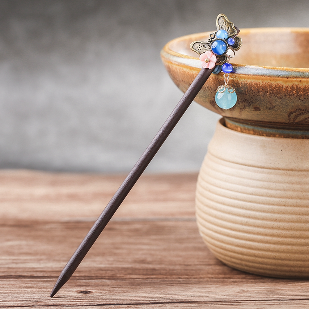Vintage Alloy Butterfly Hairpins Dangle Cat Eyes Stone Shell Flower Women Wooden Hair Sticks Bridal Jewelry FZ-18052-1