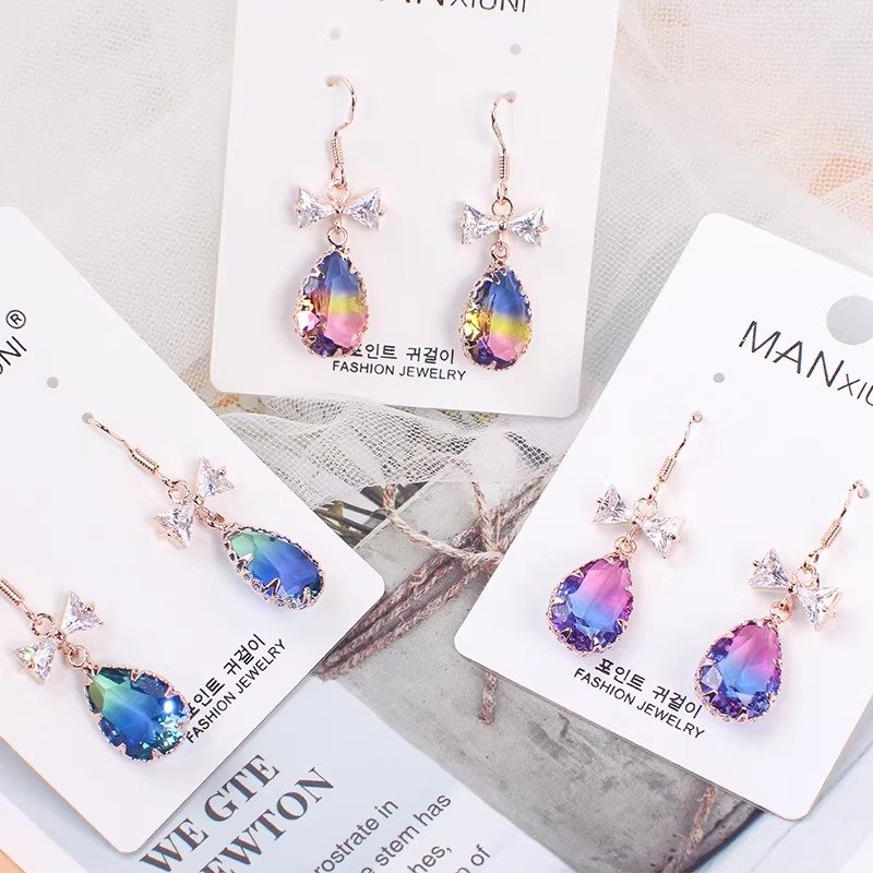 Fashion women's earrings, long colorful trendy crystal earrings, elegant bow tie shaped super sparkling diamonds