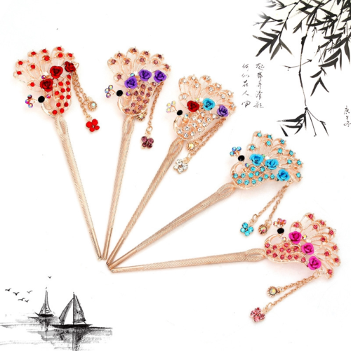 Classic Tassel Peacock Hair Accessories, Women's Hair Stick, Ethnic Vintage Rose Hair Clip, NO.WZ-FZ0910