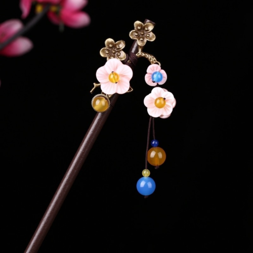 Handmade Shell Flower Alloy Plum Flower Hairpin For Women Colorful Beads Hair Sticks Headwear Hair Accessories FZ-17013