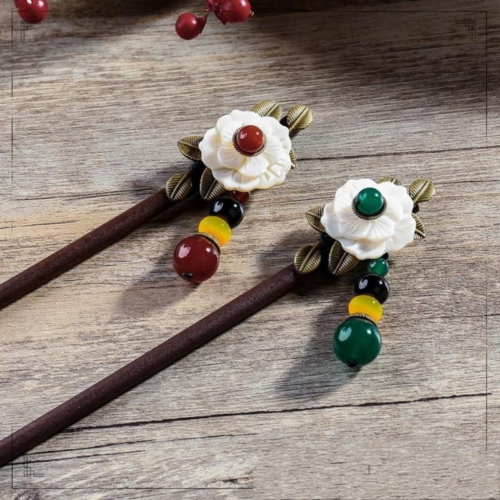 Ethnic Pendant Wood Hair Sticks Red Green Stone Bead Shell Flower Hair pins Alloy Leaves Accessories For Woman FZ-16001