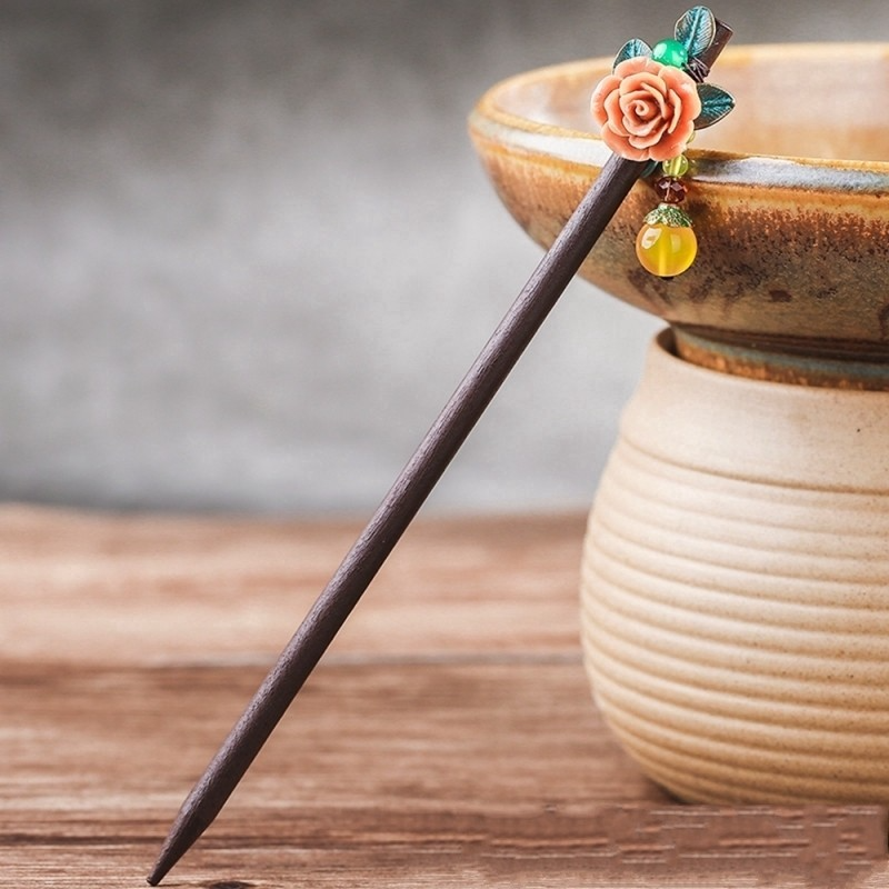 Vintage Resin Rose Hair Sticks Alloy Leaves Dangle Yellow Beads Wooden Hairpins Women Bridal Hair Jewelry FZ-18044-1