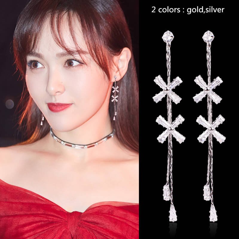 Sterling Silver Stud Earrings, Korean Style Long Flower Earrings, Tassel Earrings for Ladies