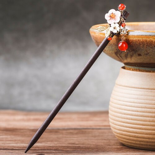 Ethnic Shell Flower Hair Sticks Copper Flower Pieces With Red Stone Wooden Hairpins For Women Head Decoration FZ-18056-2