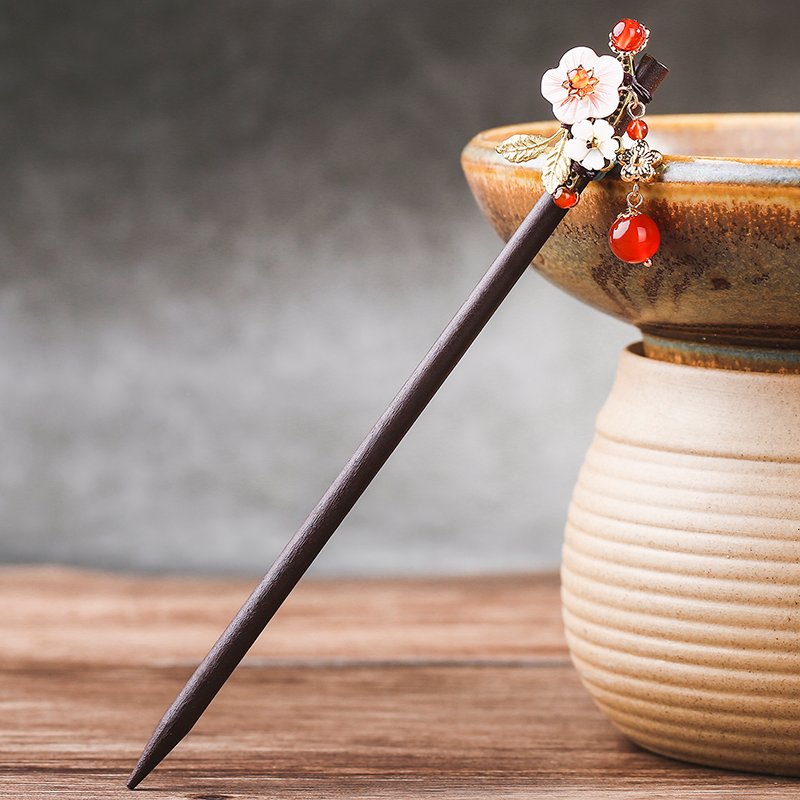 Ethnic Shell Flower Hair Sticks Copper Flower Pieces With Red Stone Wooden Hairpins For Women Head Decoration FZ-18056-2