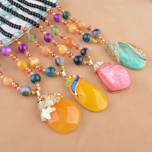 Fashion women's necklace,Ethnic Style Goldfish Drop Sweater Chain, Long Money Chain Imitation Beeswax Pendant, Clothes Ornaments, Pendants