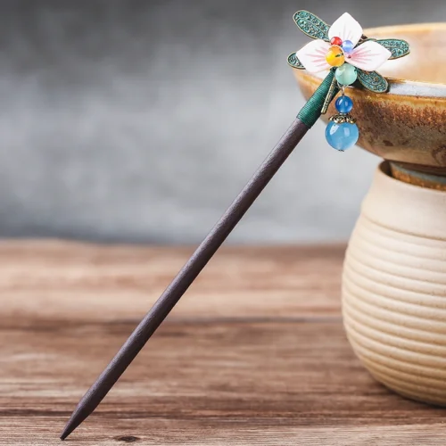 Ethnic Handmade Pink Petals Flower  Dragonfly Wooden Hair Sticks with Stone Dangle Hairpin for Women Headpiece FZ-18034