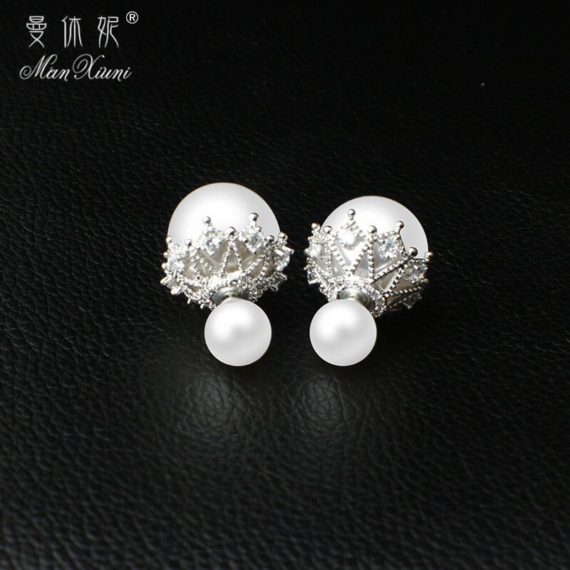 2 Colors-Red White Double-sided Pearl Earrings, S925 Silver Earrings for Women, Fashion Jewelry, Ear Studs