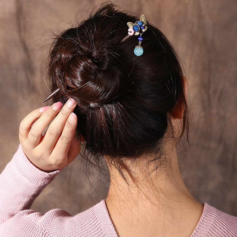 Vintage Alloy Butterfly Hairpins Dangle Cat Eyes Stone Shell Flower Women Wooden Hair Sticks Bridal Jewelry FZ-18052-1