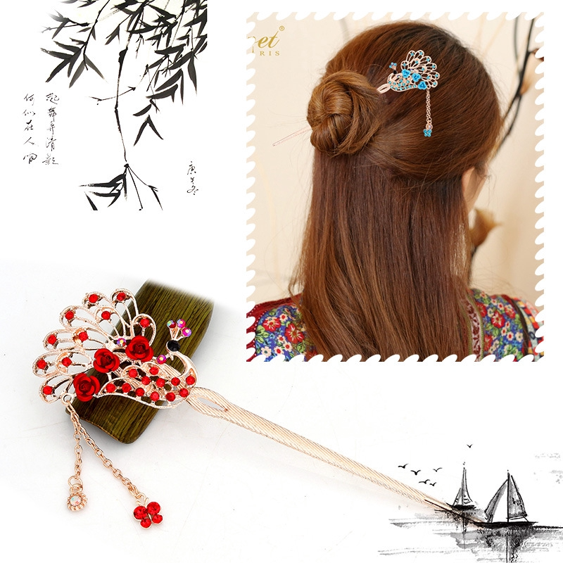 Classic Tassel Peacock Hair Accessories, Women's Hair Stick, Ethnic Vintage Rose Hair Clip, NO.WZ-FZ0910