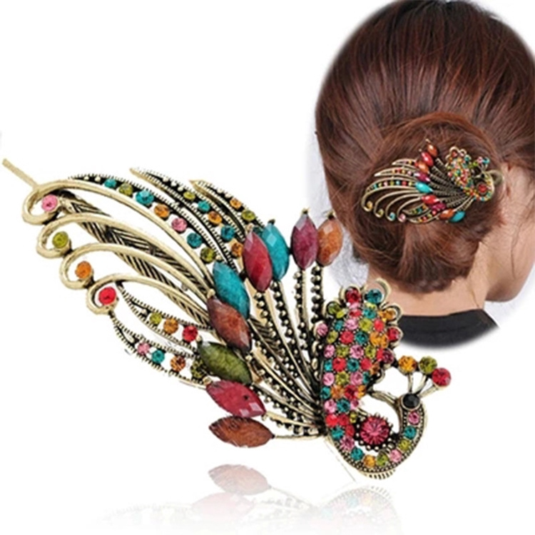 New National Style Retro Rhinestone Hair Clip, Women's Fashion Peacock Hairpin NO.HP-D1307