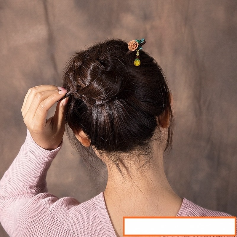 Vintage Resin Rose Hair Sticks Alloy Leaves Dangle Yellow Beads Wooden Hairpins Women Bridal Hair Jewelry FZ-18044-1