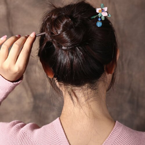 Ethnic Handmade Pink Petals Flower  Dragonfly Wooden Hair Sticks with Stone Dangle Hairpin for Women Headpiece FZ-18034