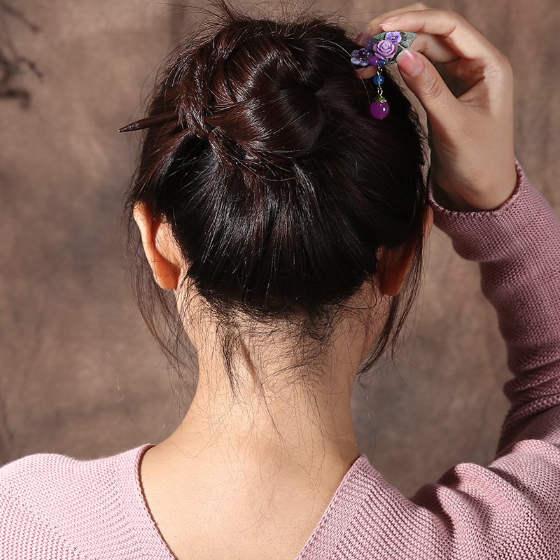 Ethnic Handmade Flower Hollow Leaf Wooden Hair Sticks Wih Dangle Beads Shell Flower Hairpin Headpiece Jewelry FZ-18037-2