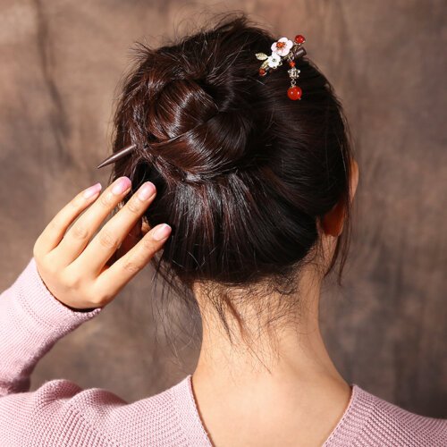 Ethnic Shell Flower Hair Sticks Copper Flower Pieces With Red Stone Wooden Hairpins For Women Head Decoration FZ-18056-2