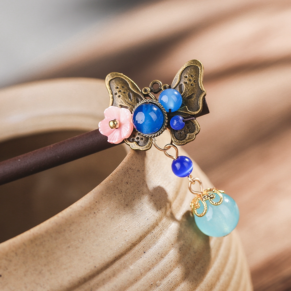 Vintage Alloy Butterfly Hairpins Dangle Cat Eyes Stone Shell Flower Women Wooden Hair Sticks Bridal Jewelry FZ-18052-1