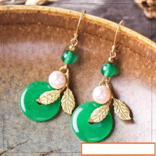 Gold Alloy Leaves Green Round Dangle Earring Woman Jewelry,Luxury Jewelry, Trendy Women's Earrings, Long Vintage Ethnic Style Earrings for Women
