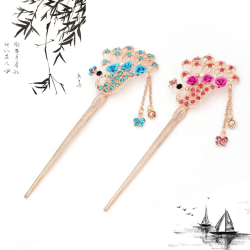 Classic Tassel Peacock Hair Accessories, Women's Hair Stick, Ethnic Vintage Rose Hair Clip, NO.WZ-FZ0910
