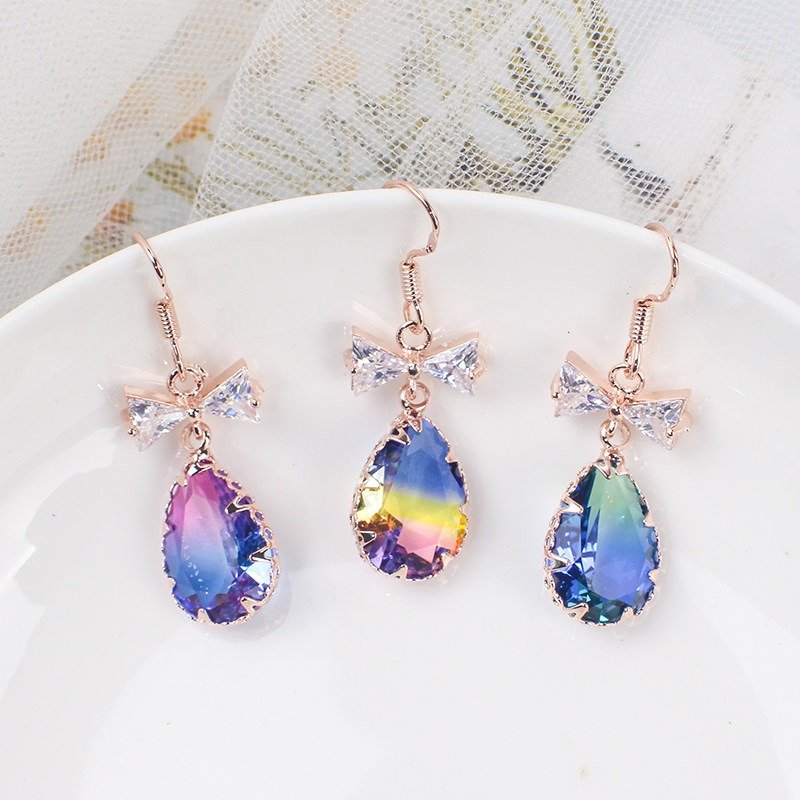 Fashion women's earrings, long colorful trendy crystal earrings, elegant bow tie shaped super sparkling diamonds