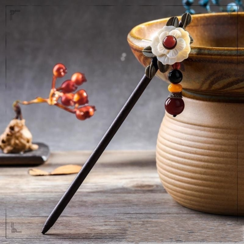 Ethnic Pendant Wood Hair Sticks Red Green Stone Bead Shell Flower Hair pins Alloy Leaves Accessories For Woman FZ-16001