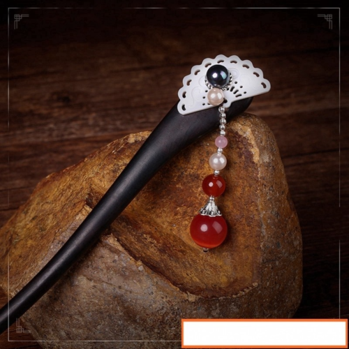 Ethnic Handm Tassel Hair Stcks Black And Ebony Red Stone Bead  Black Shell Bead Sector Shell Womn Jewelry FZ-17020