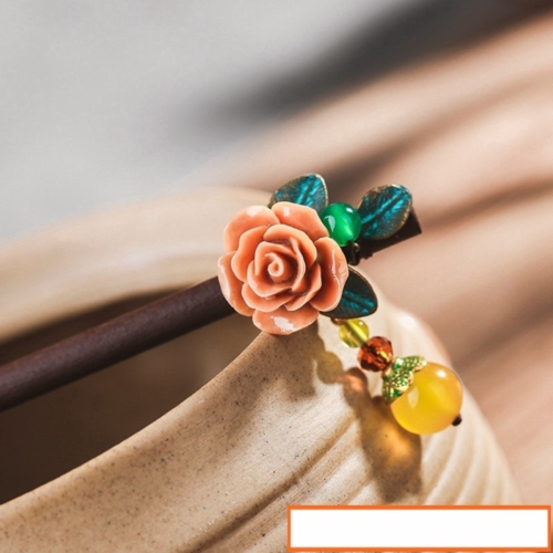 Vintage Resin Rose Hair Sticks Alloy Leaves Dangle Yellow Beads Wooden Hairpins Women Bridal Hair Jewelry FZ-18044-1