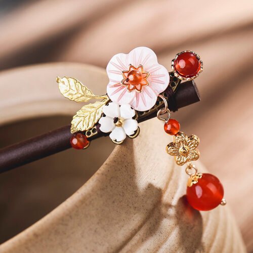Ethnic Shell Flower Hair Sticks Copper Flower Pieces With Red Stone Wooden Hairpins For Women Head Decoration FZ-18056-2