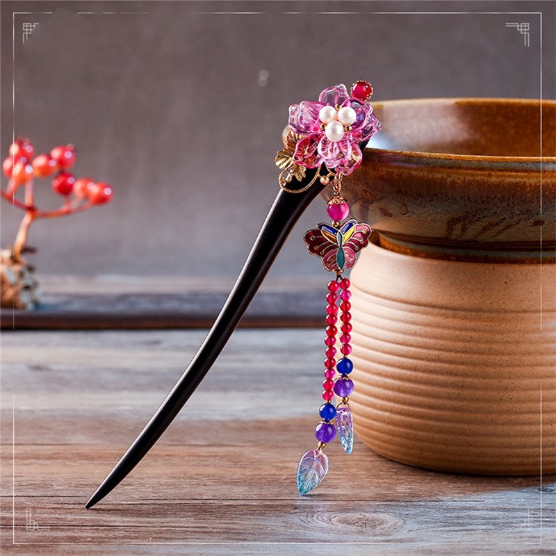Ethnic Handmade Wood Pink Flower Hair Sticks Hair Jewelry Drop butterfly Lampwork Leaf Vintage Hair Accessories FZ-18023