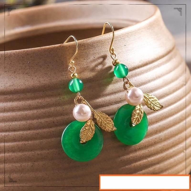 Gold Alloy Leaves Green Round Dangle Earring Woman Jewelry,Luxury Jewelry, Trendy Women's Earrings, Long Vintage Ethnic Style Earrings for Women