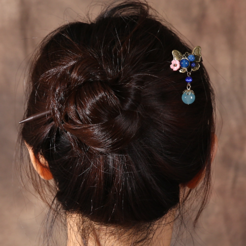 Vintage Alloy Butterfly Hairpins Dangle Cat Eyes Stone Shell Flower Women Wooden Hair Sticks Bridal Jewelry FZ-18052-1