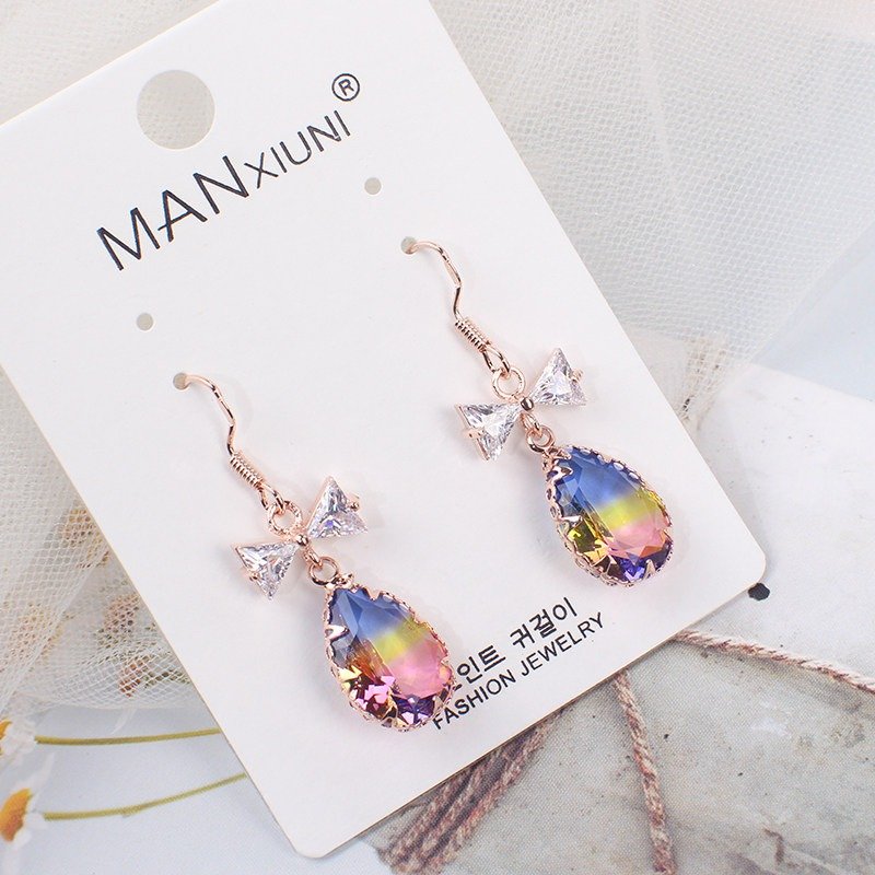Fashion women's earrings, long colorful trendy crystal earrings, elegant bow tie shaped super sparkling diamonds