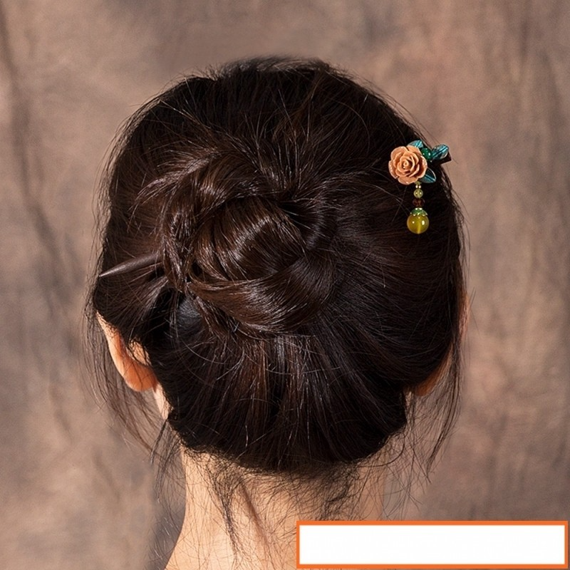 Vintage Resin Rose Hair Sticks Alloy Leaves Dangle Yellow Beads Wooden Hairpins Women Bridal Hair Jewelry FZ-18044-1