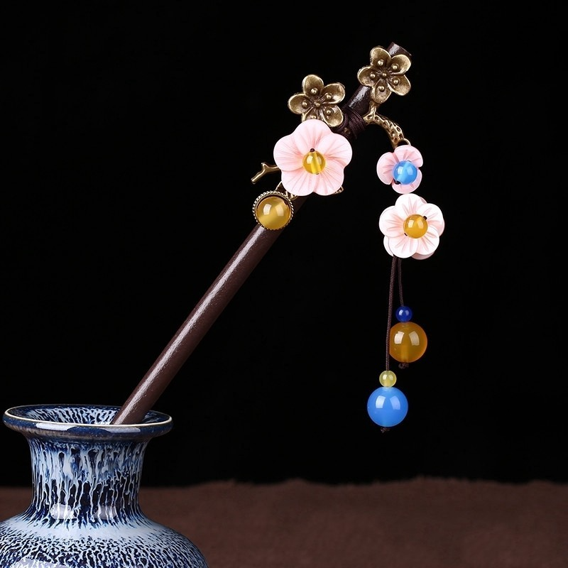 Handmade Shell Flower Alloy Plum Flower Hairpin For Women Colorful Beads Hair Sticks Headwear Hair Accessories FZ-17013